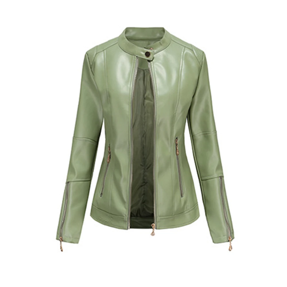 

Sping Autumn PU Leather Jacket Women Slim Stand Neck Long Sleeve Faux Leather Short Motorcycle Jacket Female Zipper Outerwear