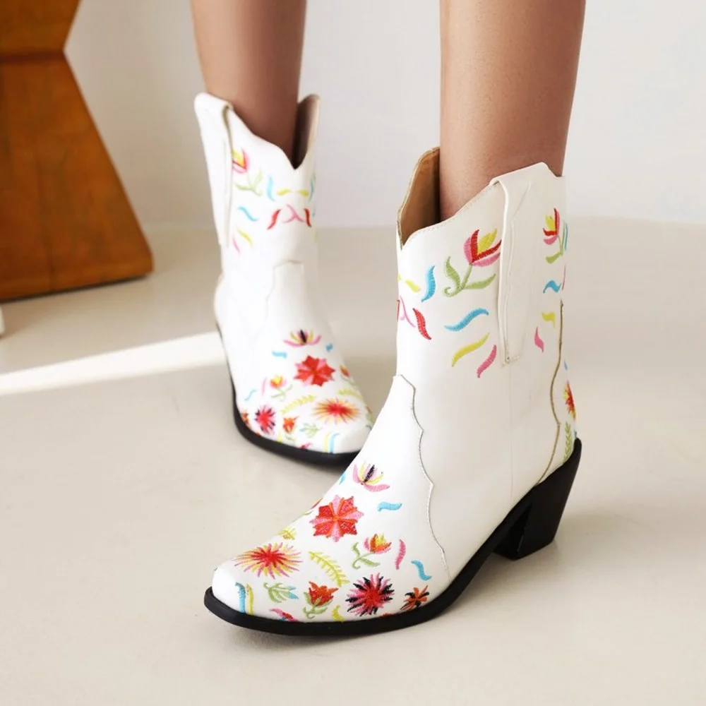 

Womens Pointed Toe Ankle Chelsea Boots Embroidery Floral Chunky Heel Shoes Cowboy Western White Plus Size 44 45 46 New 2022