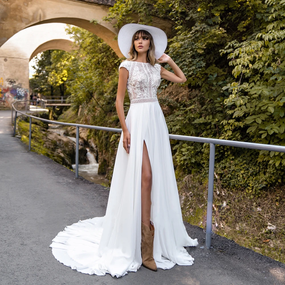 

Сексуальное летнее пляжное свадебное платье с рукавами-крылышками и Боковым Разрезом, свадебные платья с открытой спиной, богемное кружевн...