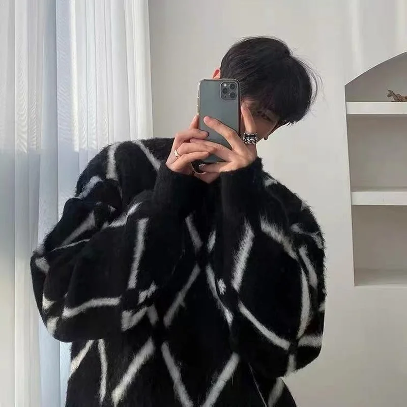 Японский пуловер с круглым вырезом винтажный плюшевый теплый плотный клетчатый