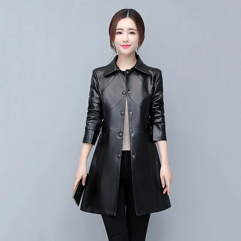 Leather Jacket Mid-Length Oversized Leather Trench Coat For Women Long Sleeve Loose Fit Fall Stylish Women Streetwear Outerwear