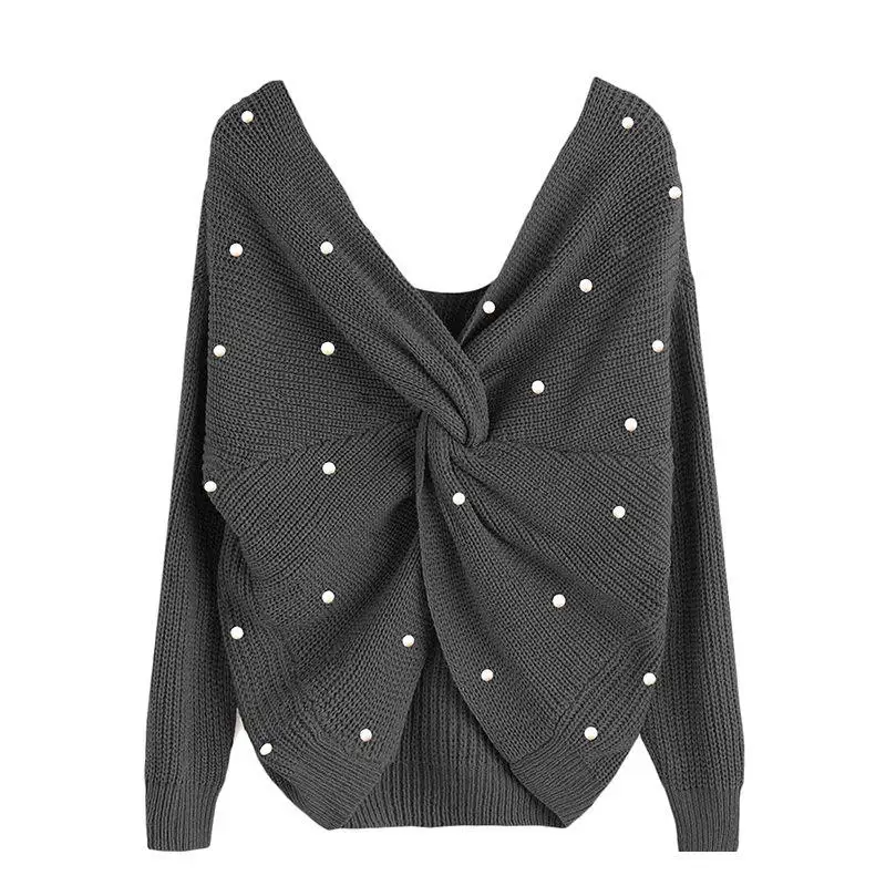 Женский свитер с жемчужными бусинами и V-образным вырезом милые Бордовые женские