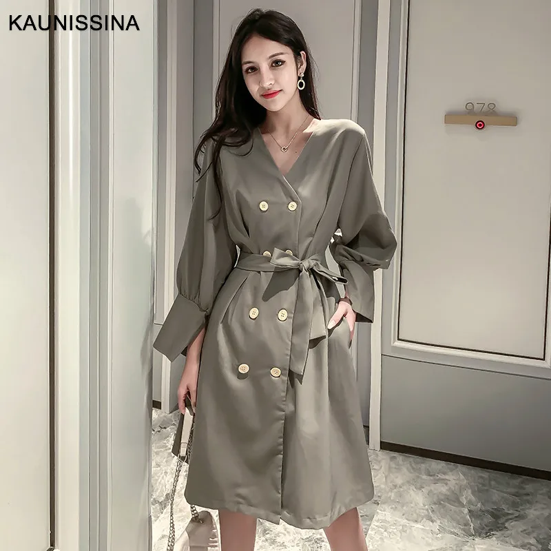 KAUNISSINA, корейское коктейльное платье, двубортное, высокая талия, длинный рукав, v-образный вырез, свободные, а-силуэт, вечерние платья, платья для выпускного вечера