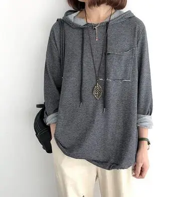Autumn Casual Women Stripe Shirt Cotton Hooded Long Sleeve Spring Thin Pockets Loose Female Fashion Blouse YoYiKamomo - Цвет: Черный