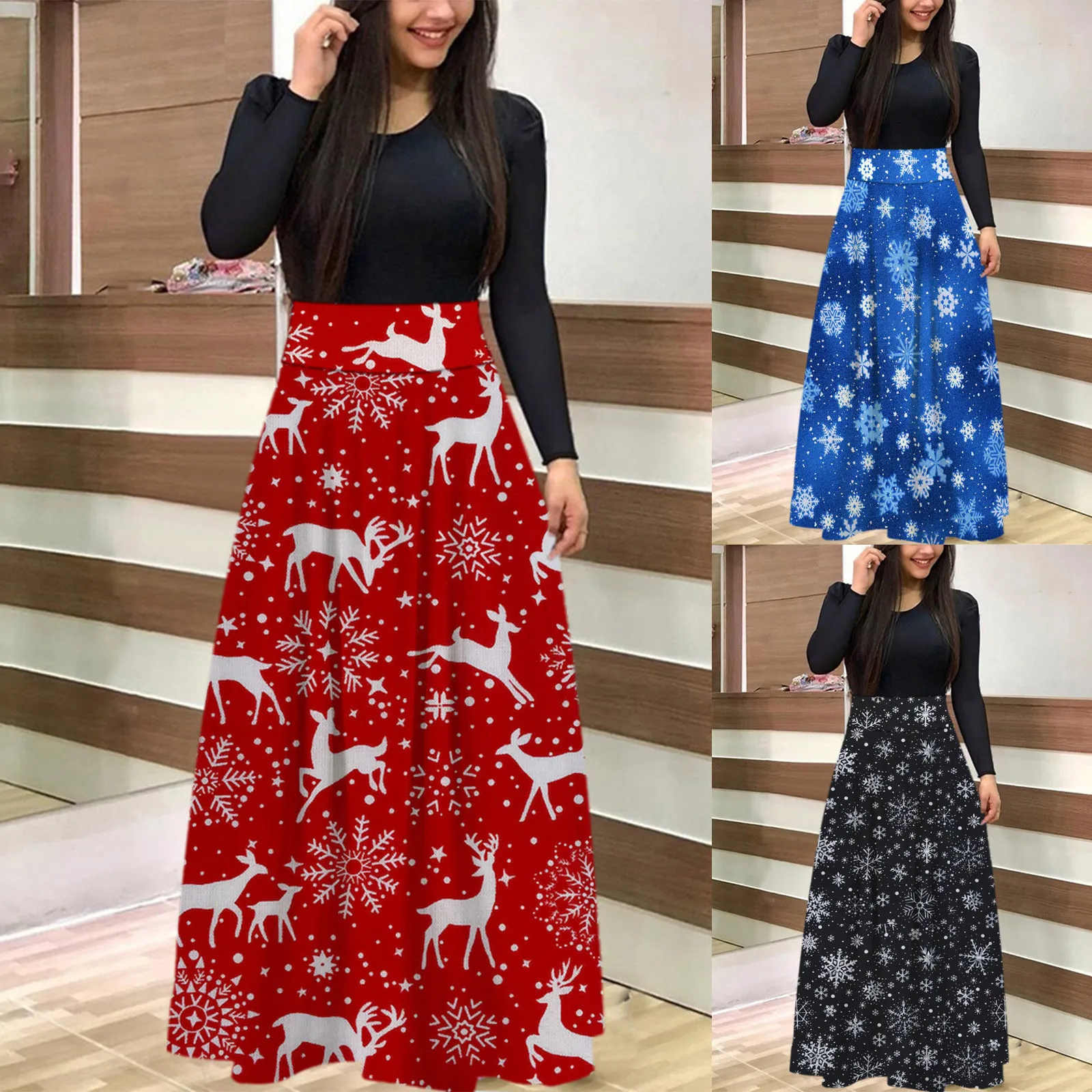 

Женские платья с рождественским принтом, длинное платье макси с длинным рукавом и круглым вырезом, женское повседневное модное платье