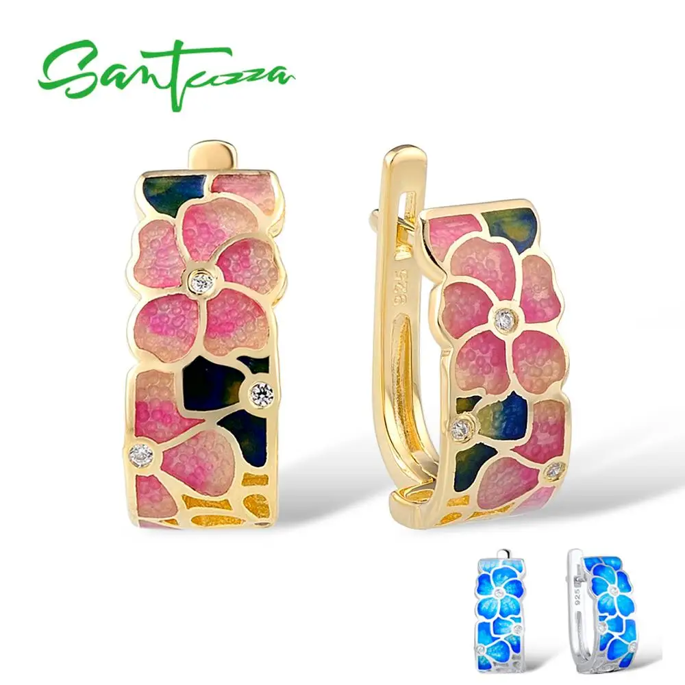SANTUZZA, серебряные серьги для женщин, 925 пробы, серебряные серьги-гвоздики в виде цветка, золотой цвет, кубический цирконий, ювелирные изделия, эмаль