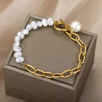new stainless steel gold simulated pearl bracelets for women sweet design plating chain white beads bracelet girl wholesale