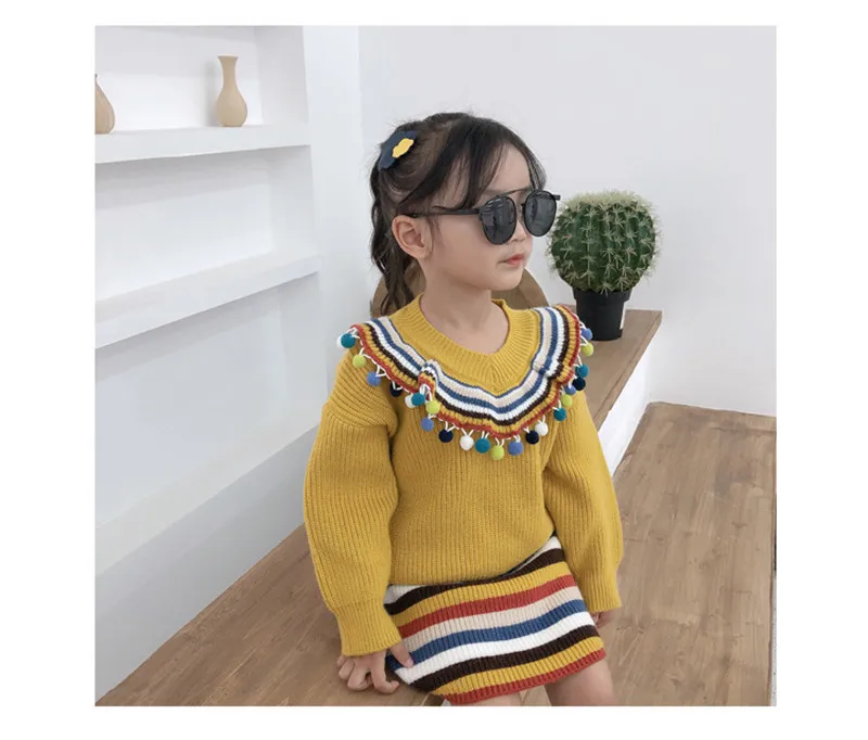 Knit комплекты трикотажной одежды для девочек; детский шерстяной свитер в полоску; платье-комбинезон; пуловер с кроличьими волосами; комплект одежды для детей