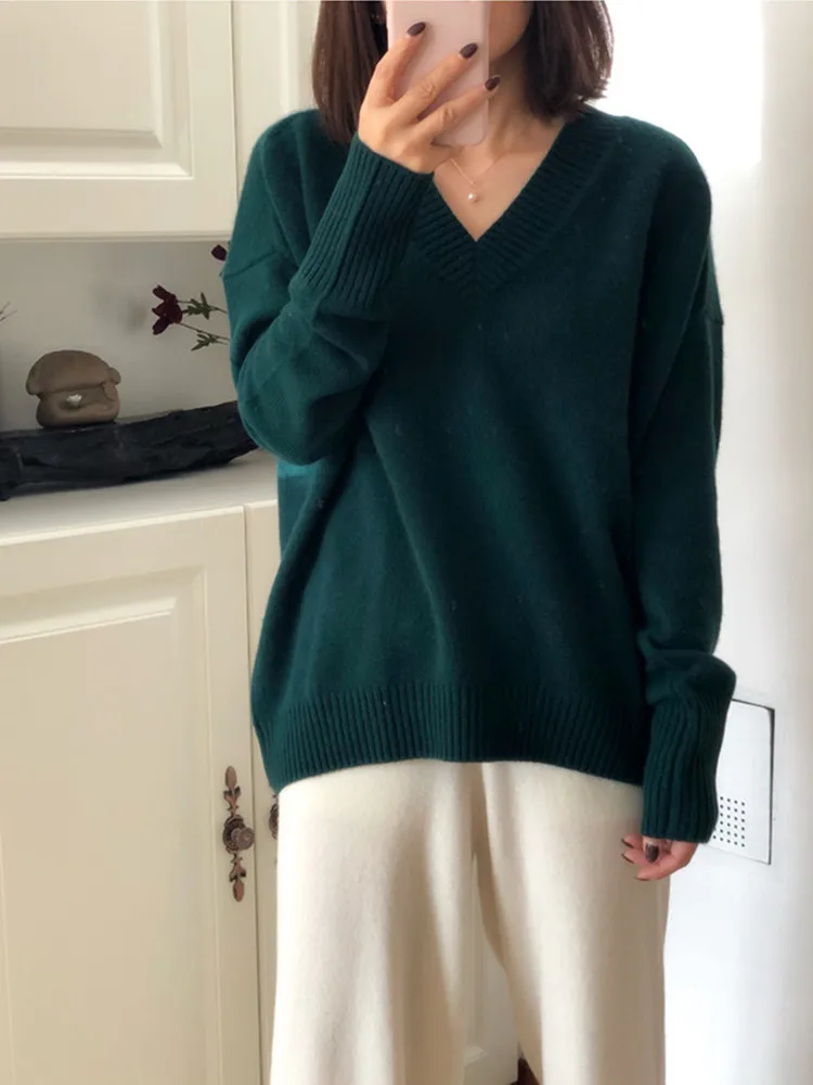 

100% кашемировый яркий вязаный пуловер из плотной пряжи для женщин, Широкий свободный свитер с V-образным вырезом, темно-зеленый и большого ра...
