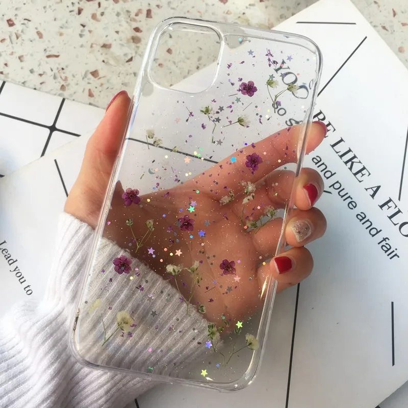 T8 Tfshining настоящий прессованный высушенный чехол с цветами для iphone 11 11pro max X XR Xs max 6 6s 7 8 plus, прозрачный чехол, блестящий девчачий чехол - Цвет: T8