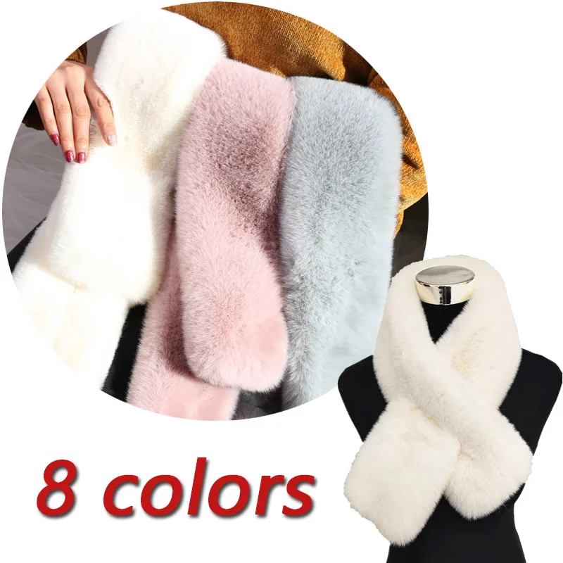 

2022 Women Winter Rabbit Faux Fur Scarf Female Fashion Autumn Casual Soft Plush Thicken Imitation Fur Cross Snood for Adult Girl