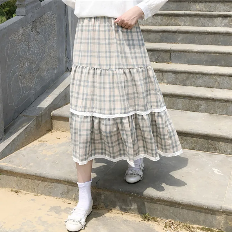 

Japanese Mori Girl Long Midi Plaid Skirt Women Autumn Winter Vintage Preppy Style Students Kawaii Lace Patchwork Ruffle Skirts