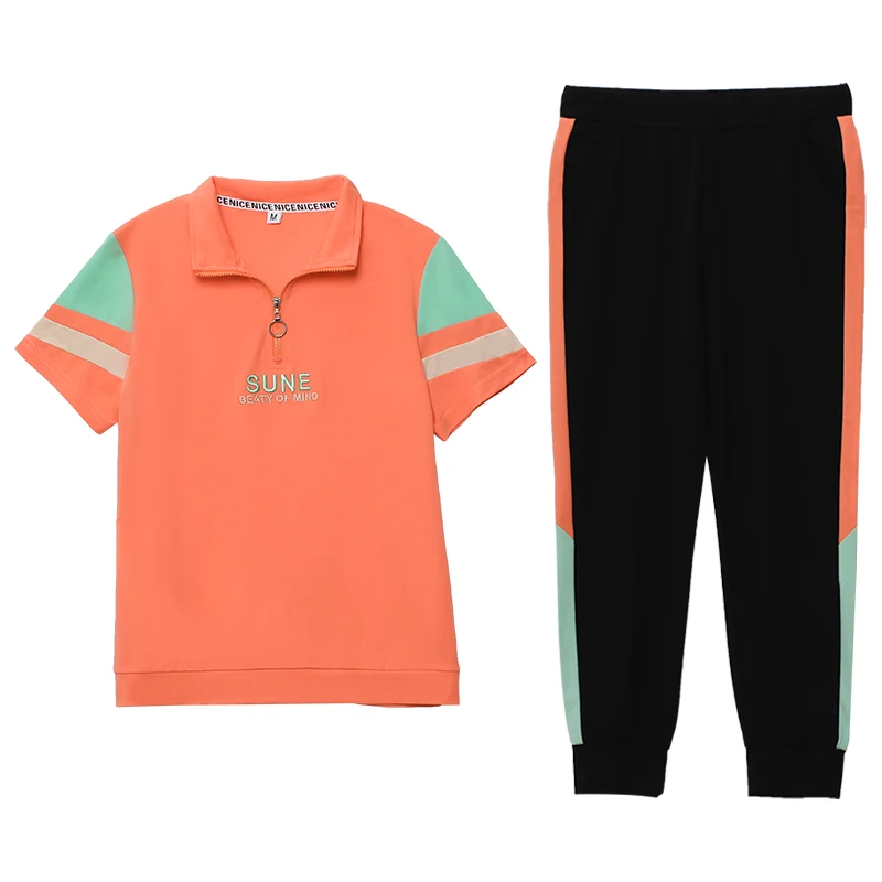 

Two Piece Set Women Clothes Summer 2021 New Zipper Stand Collar Large Size Short Sleeved Fashion Color Matching Casual Style Age