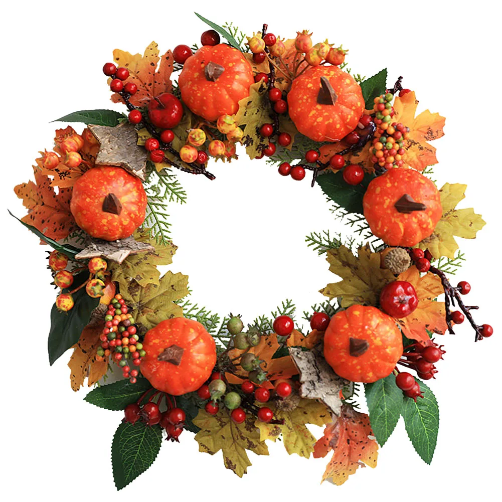 

30cm Artificial Pumpkin Berry Maple Leaves Garland Home Hanging Wreath Pendant Thanksgiving Christmas Halloween Window Decor