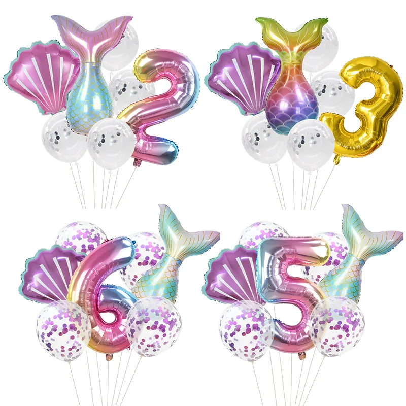 Воздушные шары с хвостом русалки фольгированные радужными цифрами украшение для