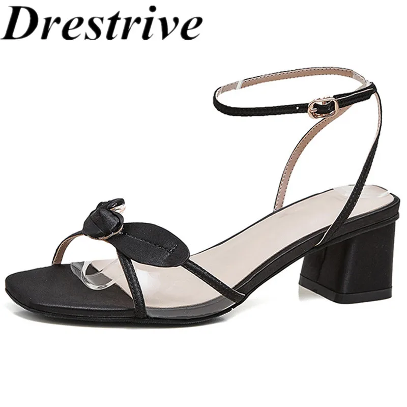 

Drestrive Women's Sandals Satin Buckle 2020 Summer Consise Thick Heels Round Toe Black Dress Sweet Girls Mid Heel Shoes