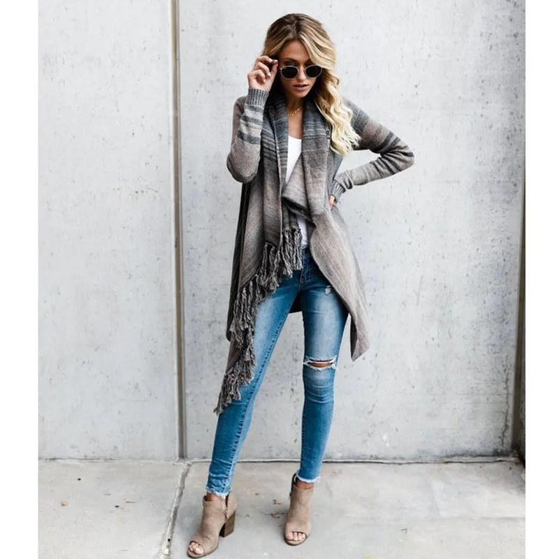 Женские свитера Осенний Повседневный стиль полосатый плащ круглый вырез длинный