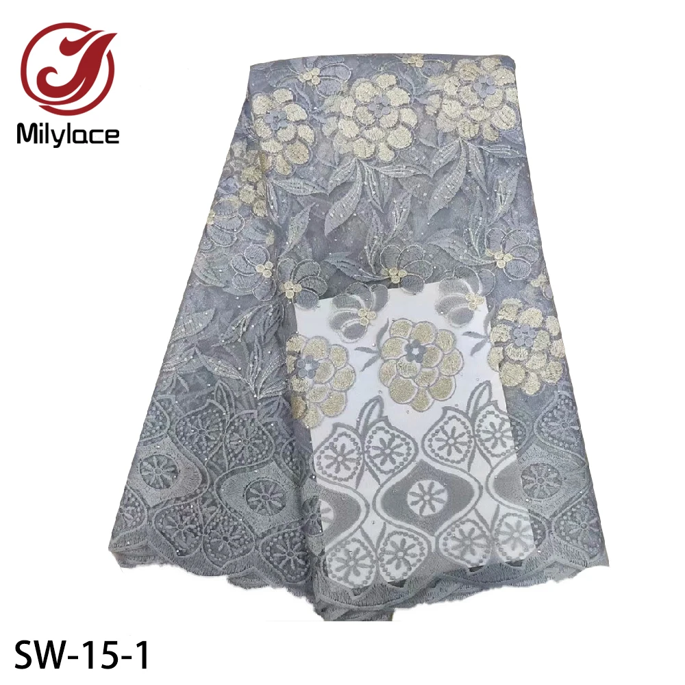 

Milylace Cheap Africa Lace Fabric with Stones Sewing Material French Tulle Lace Fabric for Bride Wedding Dress SW-15