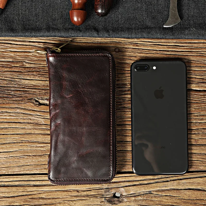 AETOO Long leather wallet made of hand-made vegetable tanning long for men pleated pure copper zipper |
