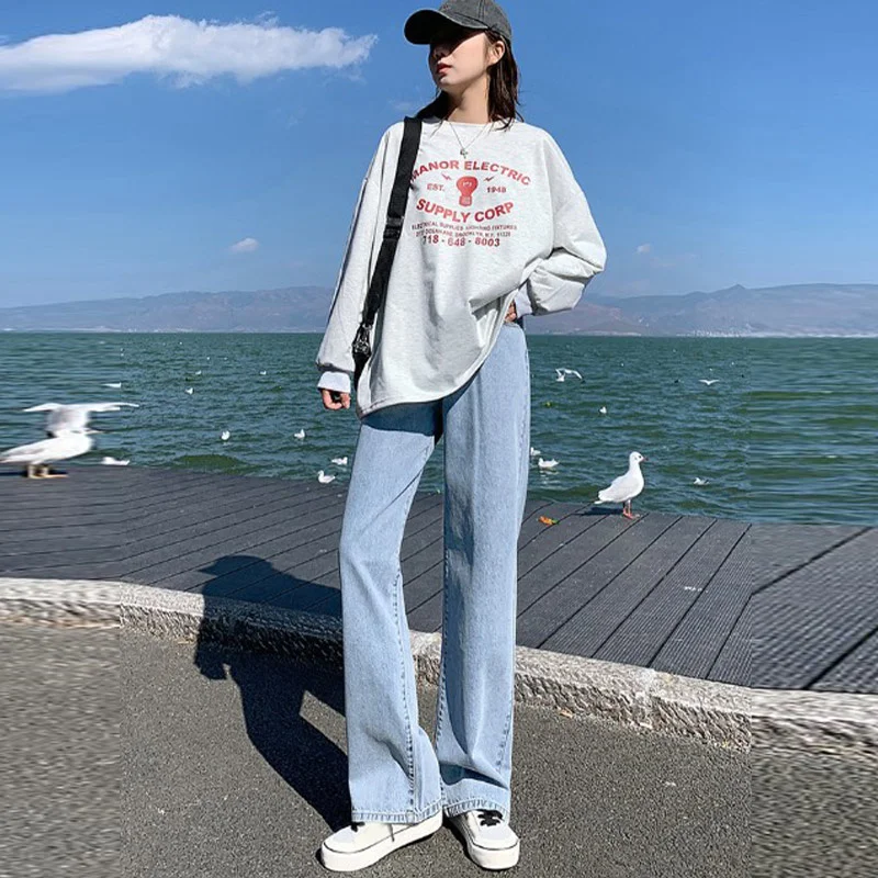 

Женские джинсы с высокой талией, джинсовая одежда с широкими штанинами, синяя уличная одежда, винтажные Качественные прямые брюки в стиле Х...