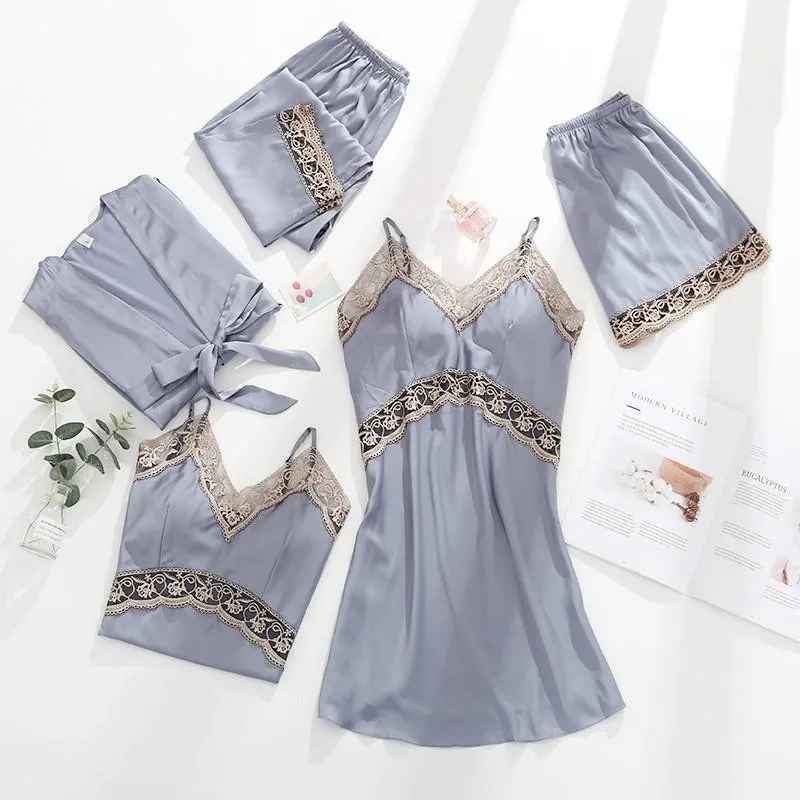 

Sexy 5PCS Kimono Robe Nightgown Set Satin Women Bathrobe Gown Sleepwear Sleep Suit Lace Homewear Nightwear Intimate Lingerie