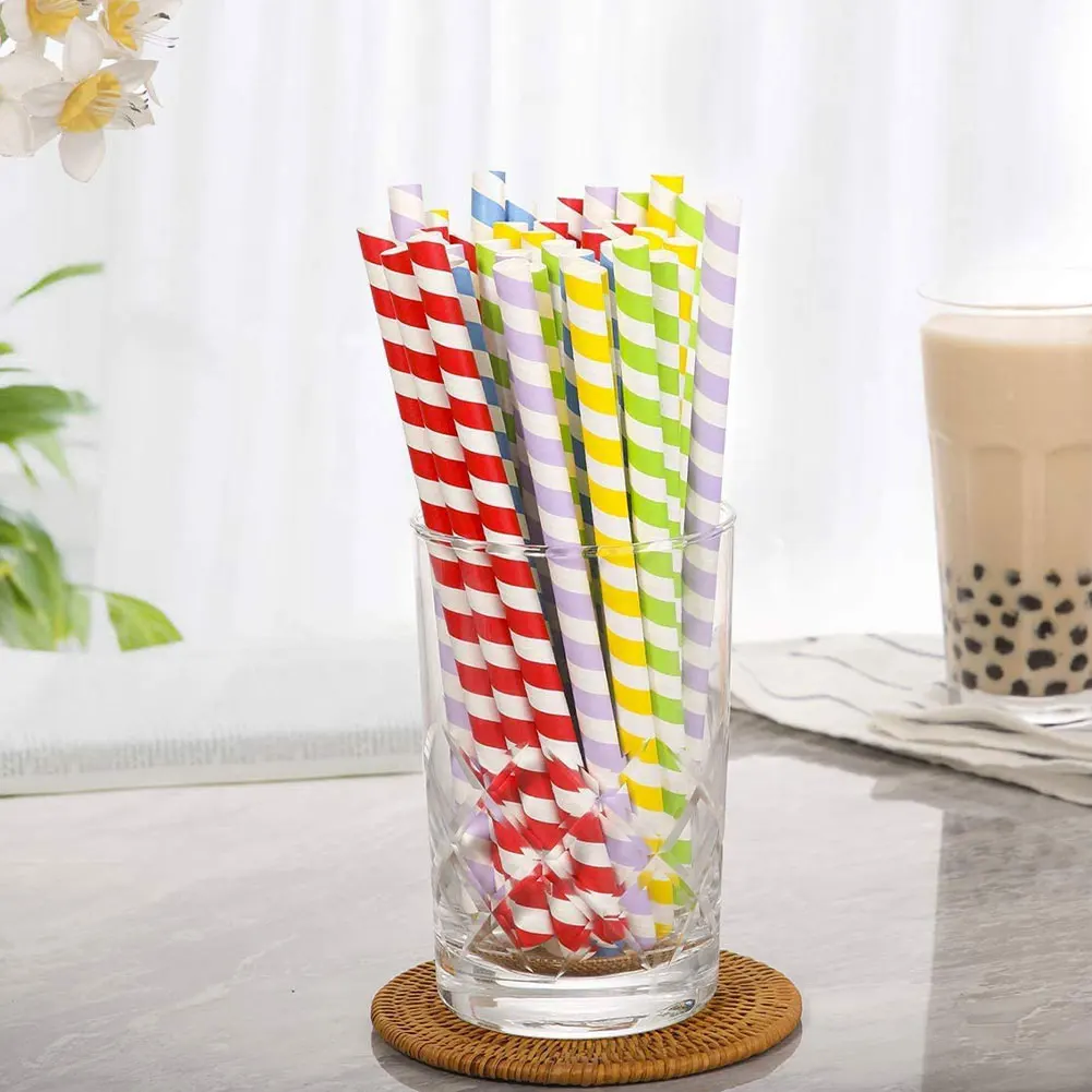 

200 Pcs Paper Drinking Straws Long Multi-Colored Striped Bedable Disposable Straws Multi Colored Rainbow Straw Party Supplies