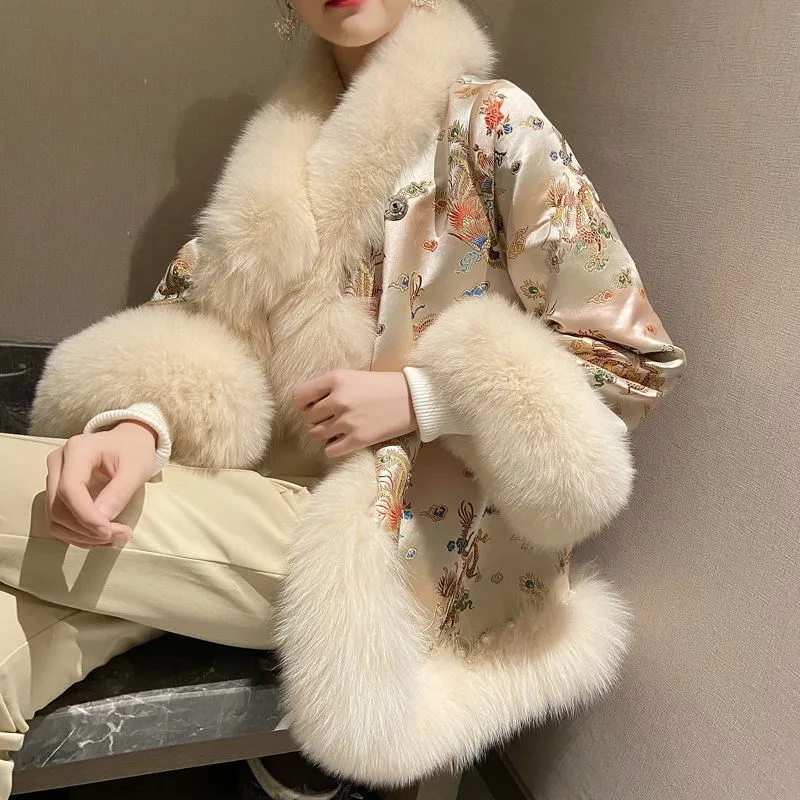 2021 Fall Winter Faux Fur Coat Warm Fluffy Jacket Chinese Style Palace Satin Mid-Length Beaded Tang Suit Cloak Female Plush Coat