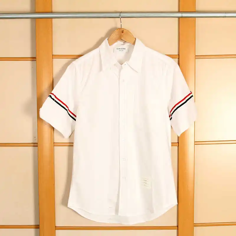 

2021 TB fashion brand shirts men short sleeve summer casual shirt slim fit white blue sprited men's shirts cotton tops male