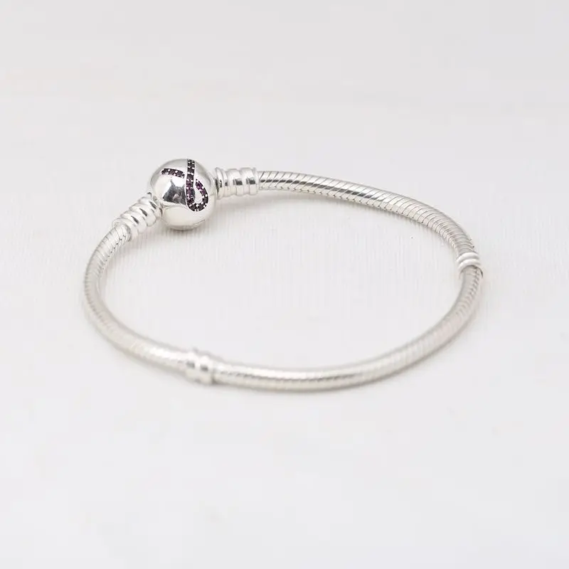 

925 Sterling Silver pan Bracelet for Women Mosaic crystal red ribbon Clap Snake Chain fit Lady Bead Charm Pendant