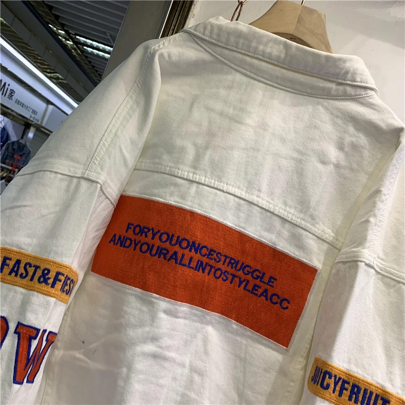 

Spring Denim Jackets Womens Letter Embroidery Fashion Lapel Long Sleeve Jeans Streetwear Loose Casual Coats 2021 Vintage Tops