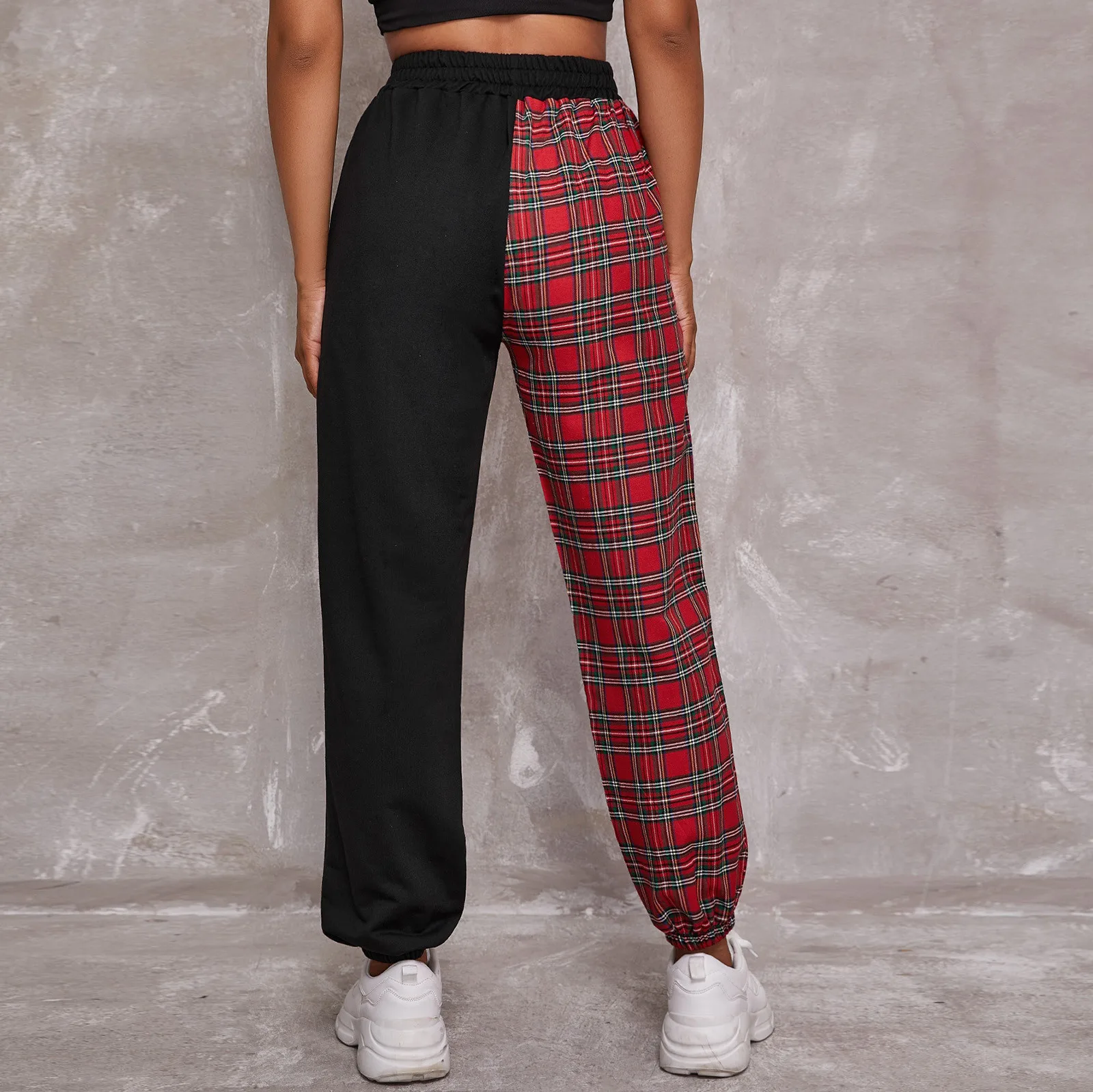

Women Punk Pockets High Waist Chain Casual Plaid Trousers Pants Overalls met punk-zakgesp en ketting met hoge taille 2021