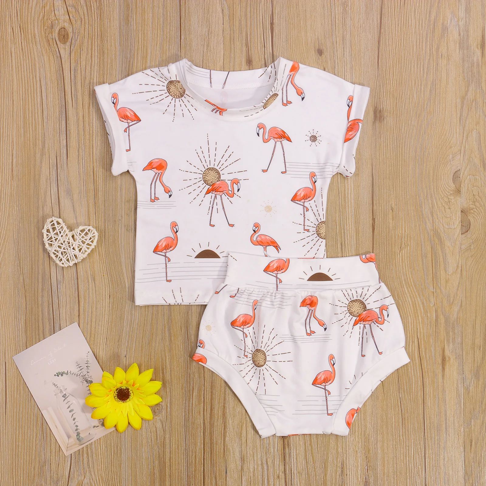 

2 Pieces Kids Suit Set, Flamingo Print Round Neck Short Sleeve T-Shirt+ Shorts for Girls, Yellow, 0-3 Years
