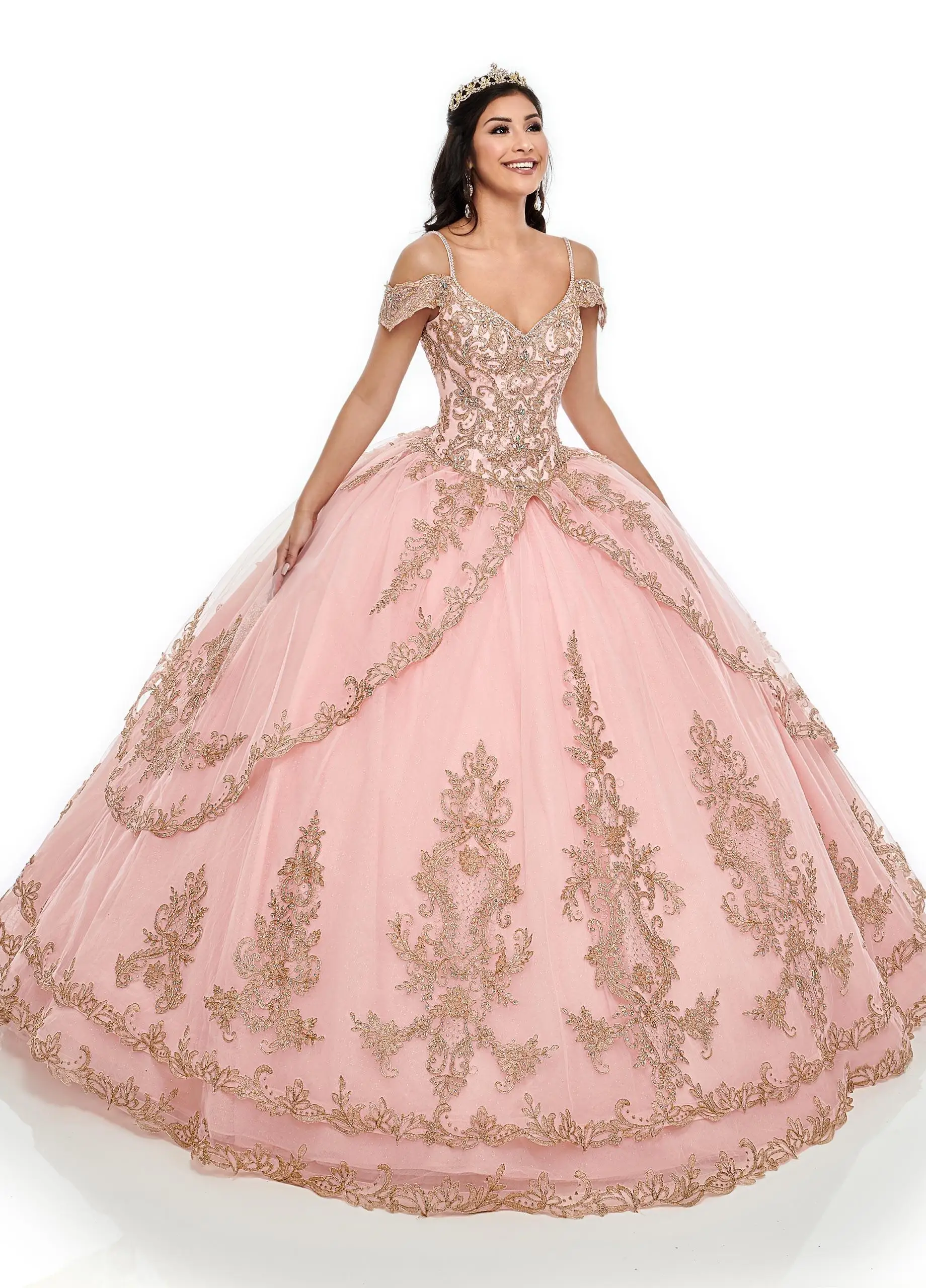 

2021 Pink Quinceanera Dresses Spaghetti Straps Off the Shoulder Gold Lace Applique Tiered Skirt Custom Made Sweet 16 Prom Ball G