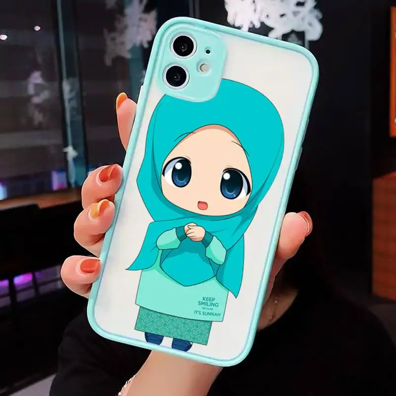 

Muslim girl cute cartoon Phone Case For iPhone 12 11 Mini Pro XR XS Max 7 8 Plus X Matte transparent blue Back Cover