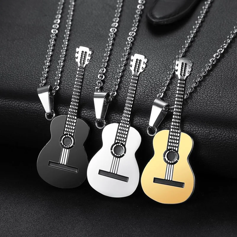 Men Women Punk 316L Stainless Steel Guitar Necklaces Hip Hop Rock Slide Music Element Chains Necklace No Fade Pendant Jewelry (art.: 3920b77f2cc53) - 3920b77f2cc53