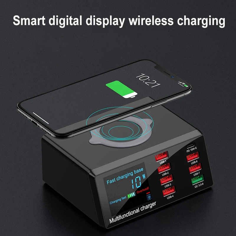 

100W Multi USB Fast Charger For IPhone 12 11 Pro Max XS XR 8 Port Usb LCD Quick Charge 3.0 PD Charger For Samsung S10 Xiaomi