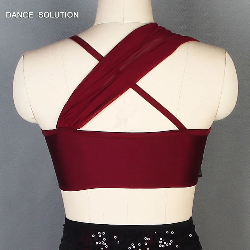 Бордовый балетный костюм для детей и взрослых "Asymmetrical Top with Short Skirt", выполненный из растягивающейся сетки и кружева (арт. 19606).