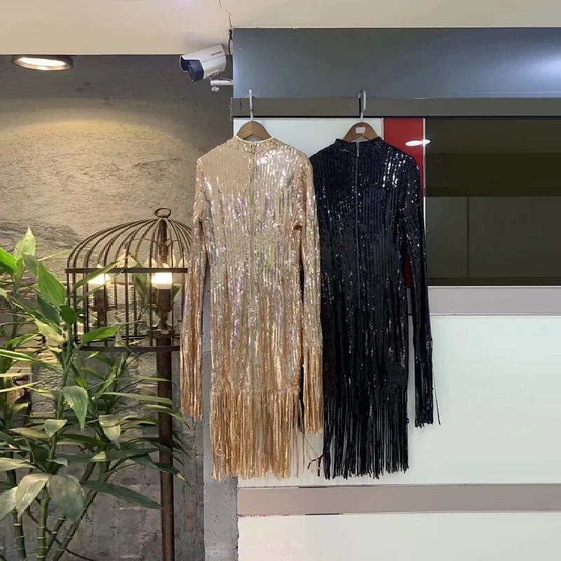 Модное Вечернее Платье золотистого и черного цвета с блестками кисточками