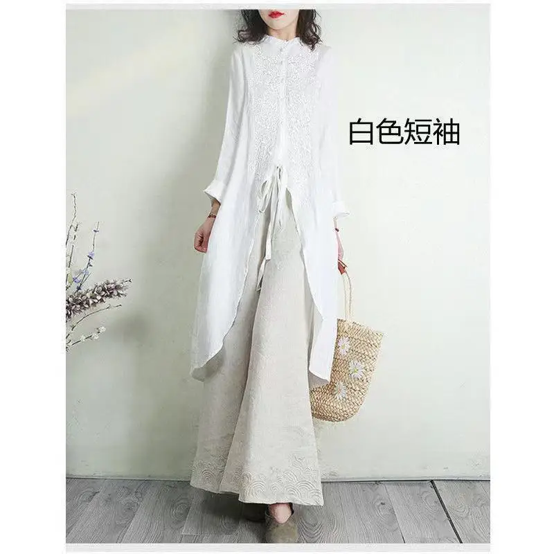 

Retro Literary Cotton AndLlinen Shirt Women's Summer Short-Sleeved Shirt Embroidered Solid Color All-Match Shirt Front Short And