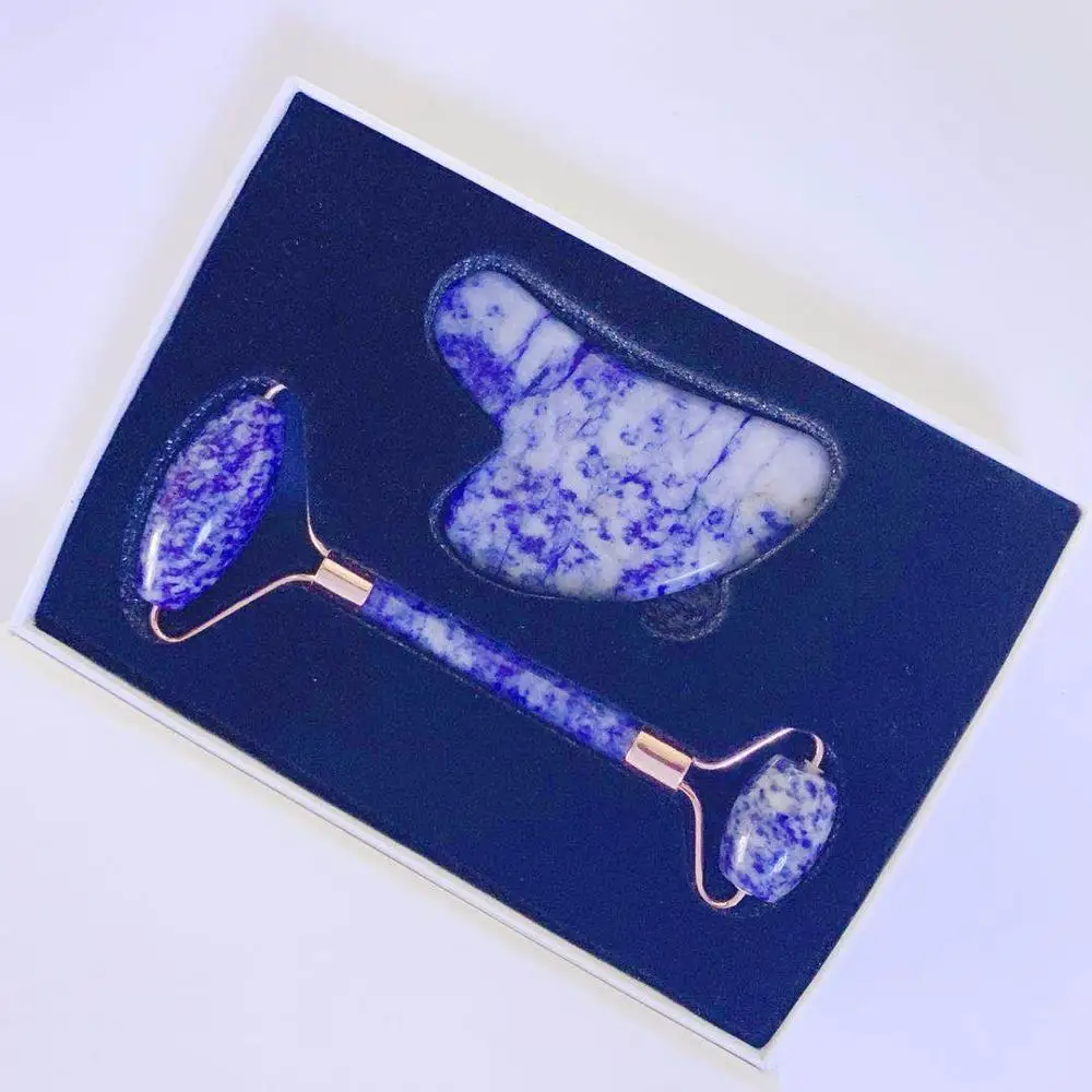 Оригинальный камень голубой Sodalite ролик для лица Gua Sha набор натуральный нефрит
