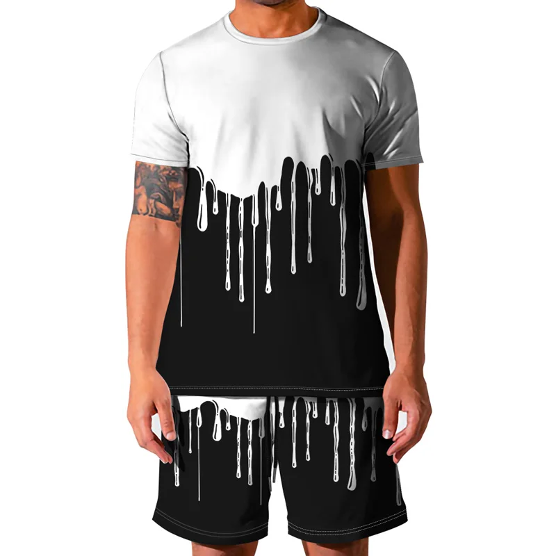 

2021 New Summer Short Sleeve 3D Flow Color Gradient Printed Pattern T-Shirt + Shorts Suit Casual Fashion O-Neck Men's Wear