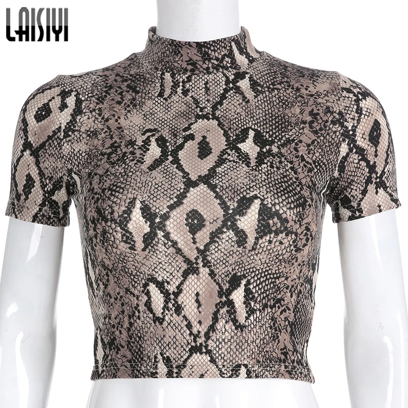 T-shirt LAISIYI Мода Змея 2 комплект из двух предметов для женщин осень зима одно плечо укороченный топ Высокая талия юбка Сексуальная Клубная одежда костюмы с принтом - Цвет: T-shirt