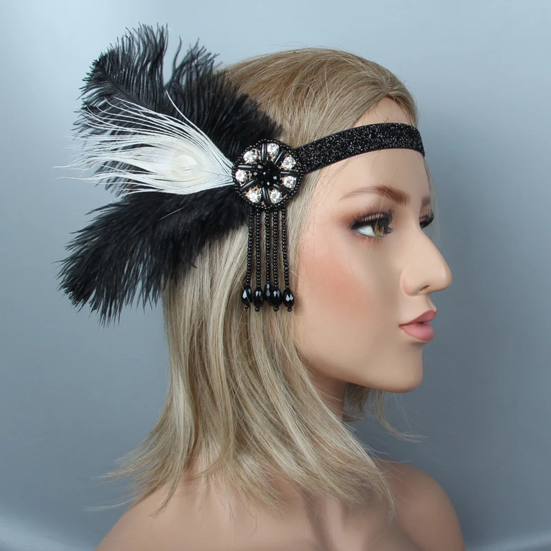 Черное перо эластичная повязка на голову жемчуг стразы кисточка старинный