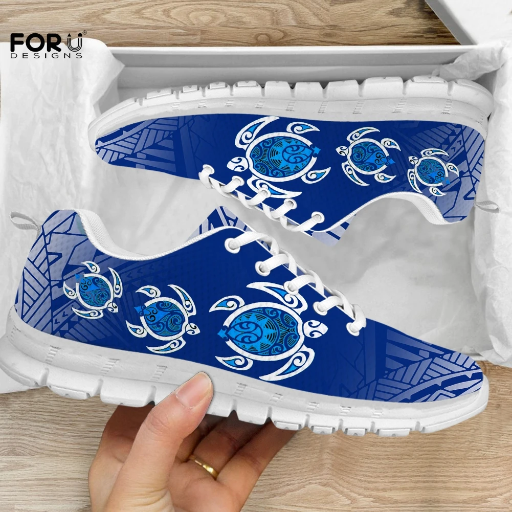 

FORUDESIGNS Polynesian Tribal Blue Turtle Pattern Women Mesh Sport Shoes White Sole Sneaker Casual Outdoor Footwear Flat Shoe