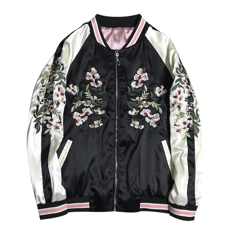 women Double-sided jacket Harajuku style flowers embroidery stand collar Bomber Jackets couple Unisex Satin coat Tops