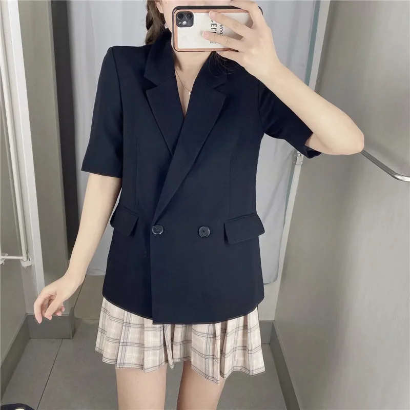 

PSEEWE Za 2021 Beige Double Breasted Blazer Women Casual Pockets Short Sleeve Black Blazer Woman Office Suit Summer Jacket