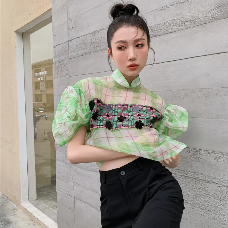

Kimotimo Green Plaid Mesh Crop Top Women Lantern Sleeve Transparent Flowers Ladies Blouse Design Fashion All-match Summer 2021
