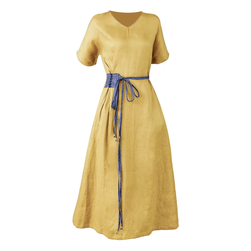 

2021Vintage Casual Yellow Cotton Linen Maxi Dresses Summer Women Solid Plus Size Midi Dress high qualityElegant Party Vestidos