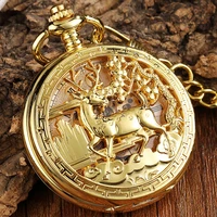 gold deer mechanical pocket watch golden sliver bronze goat 3d skeleton hollow fob chain gift box montre de poche for men women