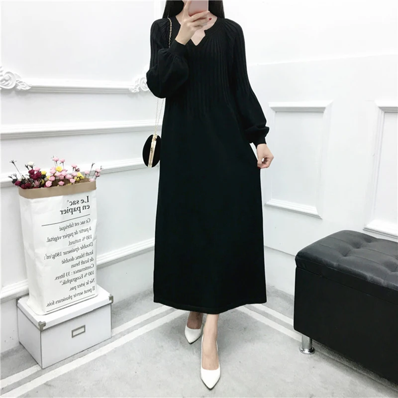 Корейский стиль осень и зима большой размер длинный толстый свитер платье с v